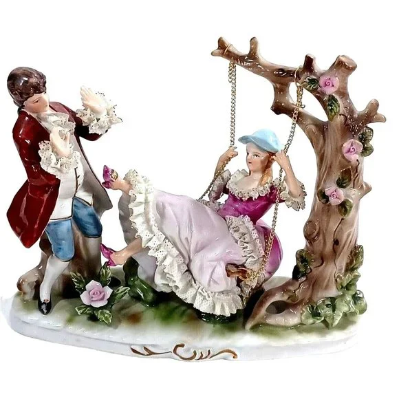 Romantic Dresden Lace Figurine Sculpture Man Woman Tree Swing Capodimonte - Picture 5 of 16